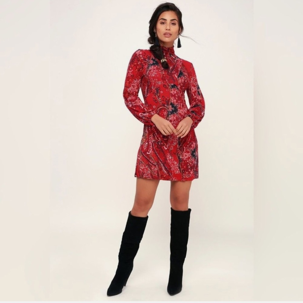FREE PEOPLE All Dolled Up long sleeve open back red turtleneck mini dress size S